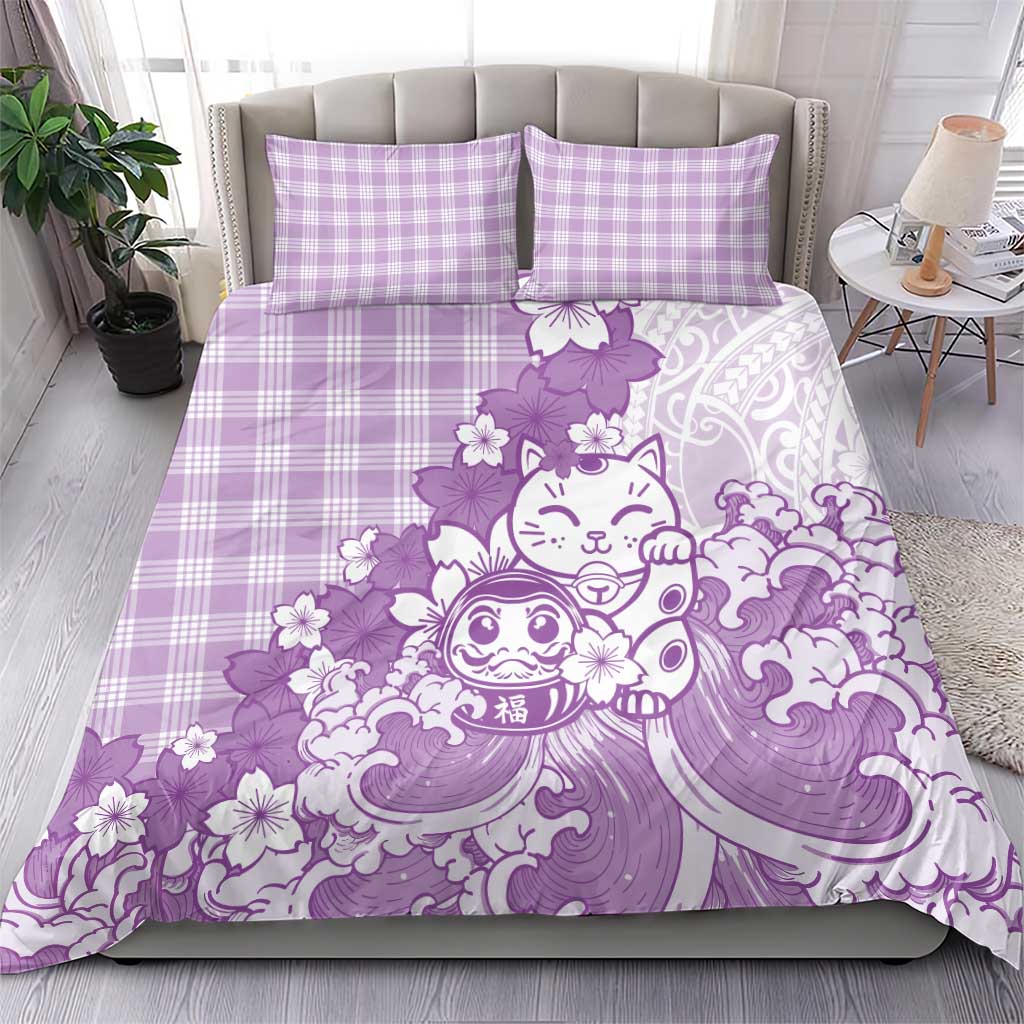 Purple Palaka Hawaiian And Japanese Bedding Set Maneki Neko And Sakura Bloom