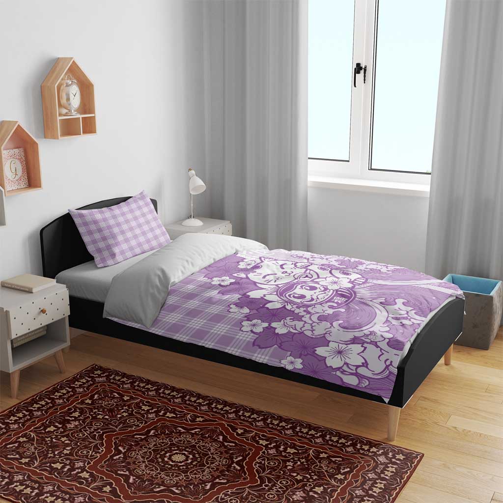 Purple Palaka Hawaiian And Japanese Bedding Set Maneki Neko And Sakura Bloom