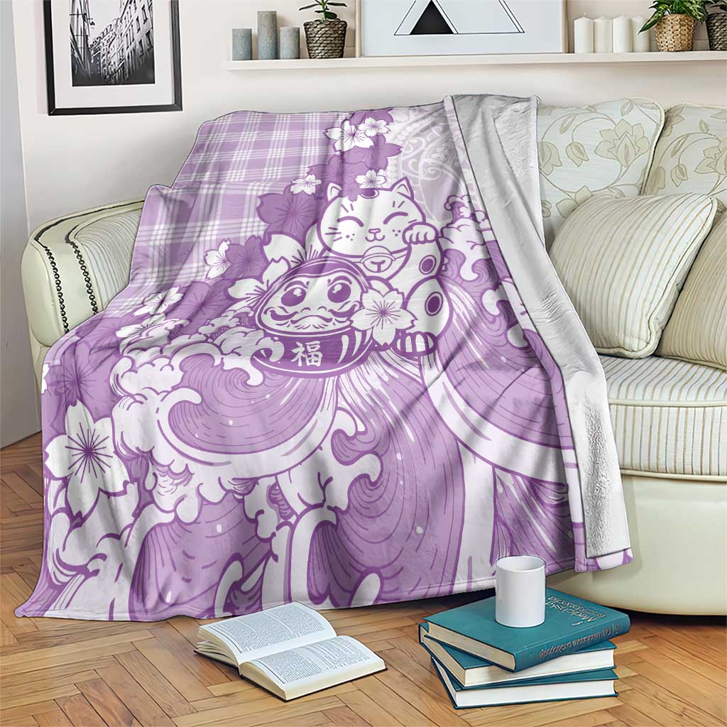 Purple Palaka Hawaiian And Japanese Blanket Maneki Neko And Sakura Bloom