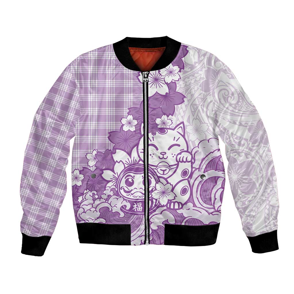 Purple Palaka Hawaiian And Japanese Bomber Jacket Maneki Neko And Sakura Bloom