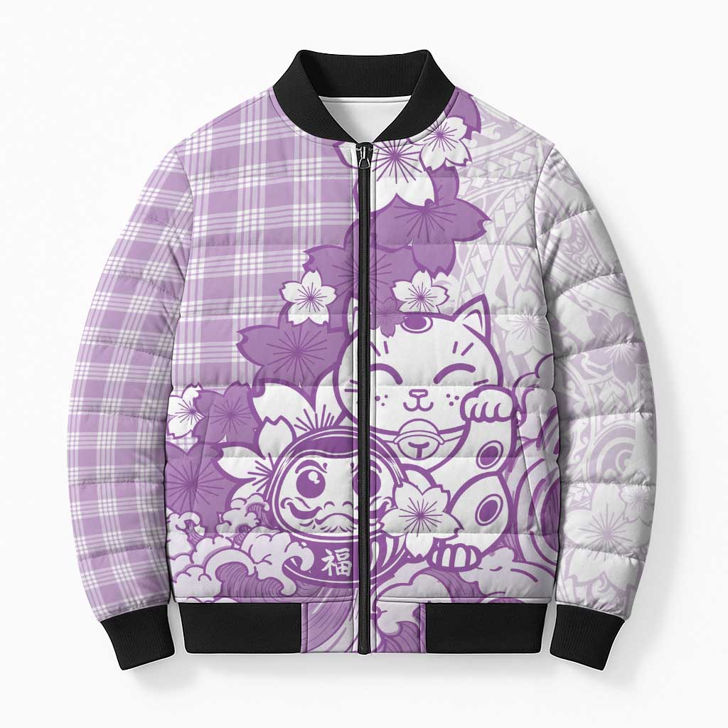 Purple Palaka Hawaiian And Japanese Bomber Puffer Jacket Maneki Neko And Sakura Bloom