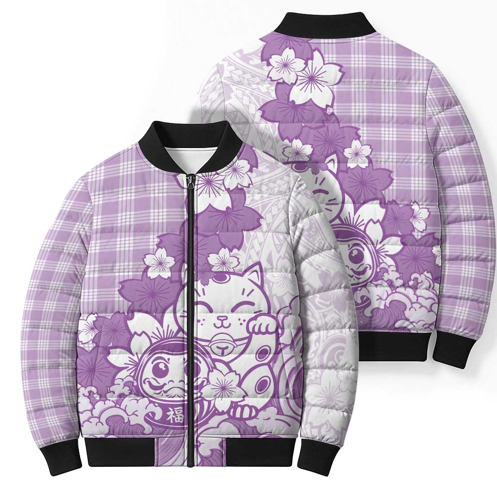 Purple Palaka Hawaiian And Japanese Bomber Puffer Jacket Maneki Neko And Sakura Bloom