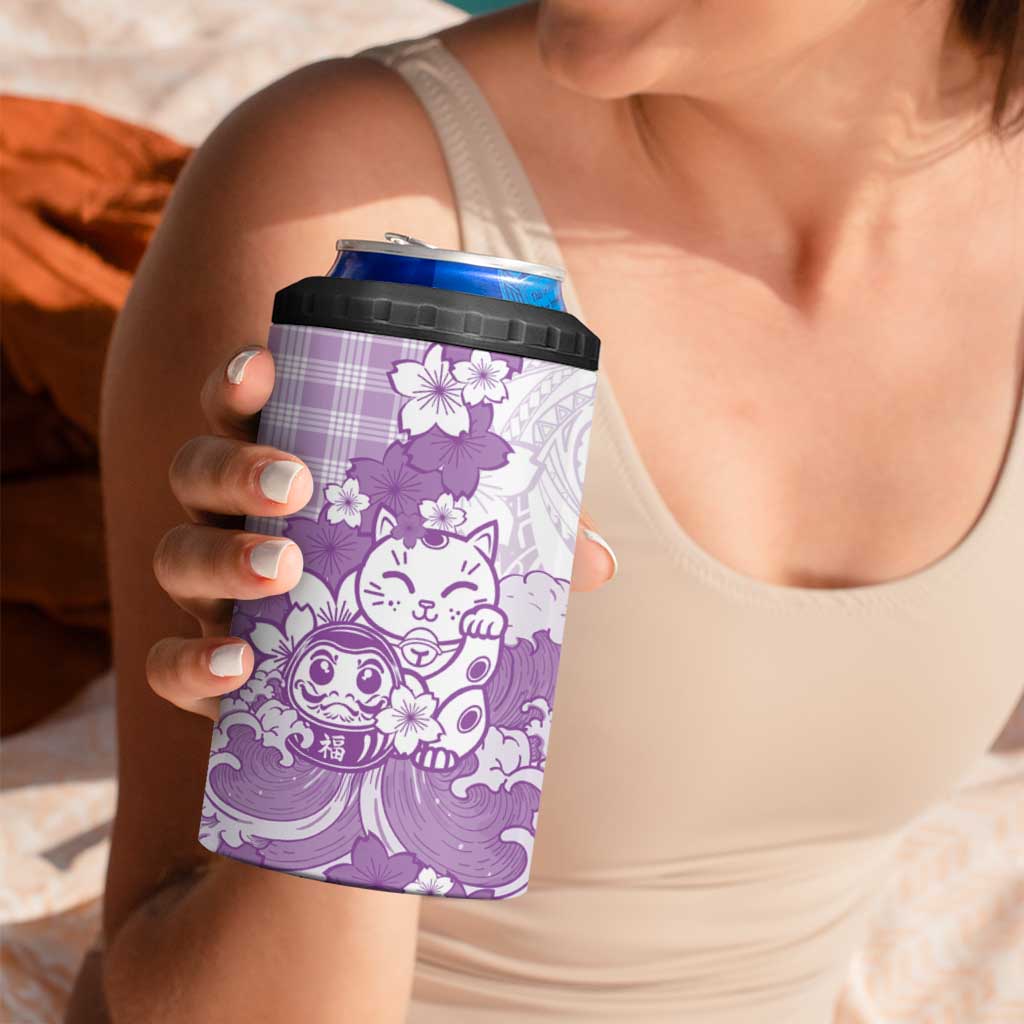 Purple Palaka Hawaiian And Japanese 4 in 1 Can Cooler Tumbler Maneki Neko And Sakura Bloom