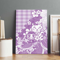 Purple Palaka Hawaiian And Japanese Canvas Wall Art Maneki Neko And Sakura Bloom