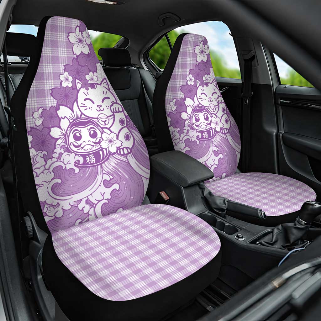 Purple Palaka Hawaiian And Japanese Car Seat Cover Maneki Neko And Sakura Bloom