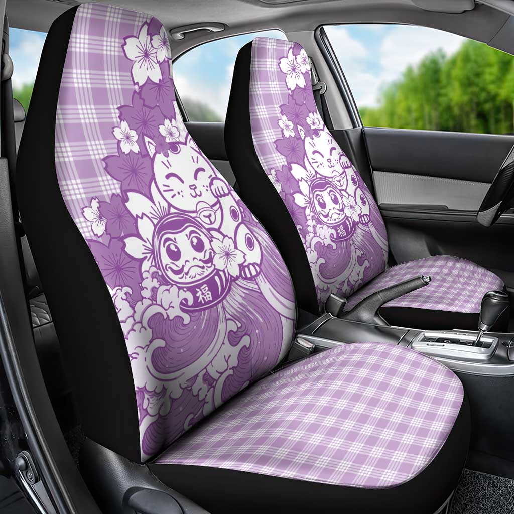 Purple Palaka Hawaiian And Japanese Car Seat Cover Maneki Neko And Sakura Bloom
