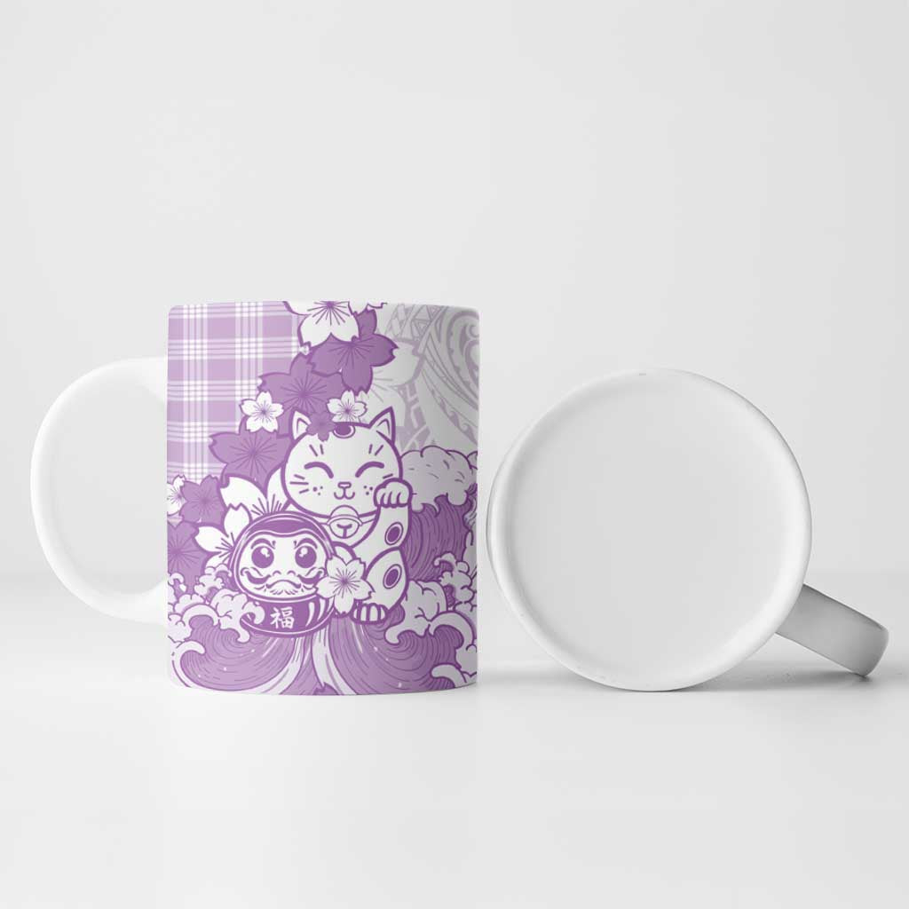 Purple Palaka Hawaiian And Japanese Ceramic Mug Maneki Neko And Sakura Bloom