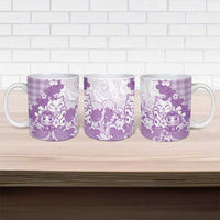 Purple Palaka Hawaiian And Japanese Ceramic Mug Maneki Neko And Sakura Bloom