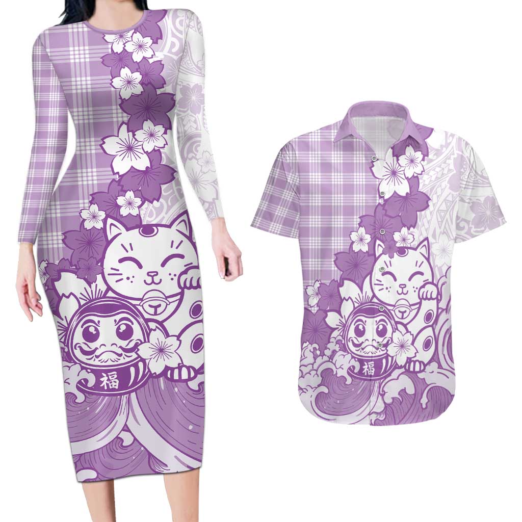 Purple Palaka Hawaiian And Japanese Couples Matching Long Sleeve Bodycon Dress and Hawaiian Shirt Maneki Neko And Sakura Bloom