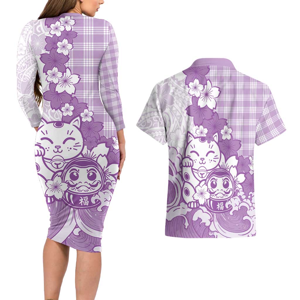 Purple Palaka Hawaiian And Japanese Couples Matching Long Sleeve Bodycon Dress and Hawaiian Shirt Maneki Neko And Sakura Bloom DT05 - Polynesian Pride