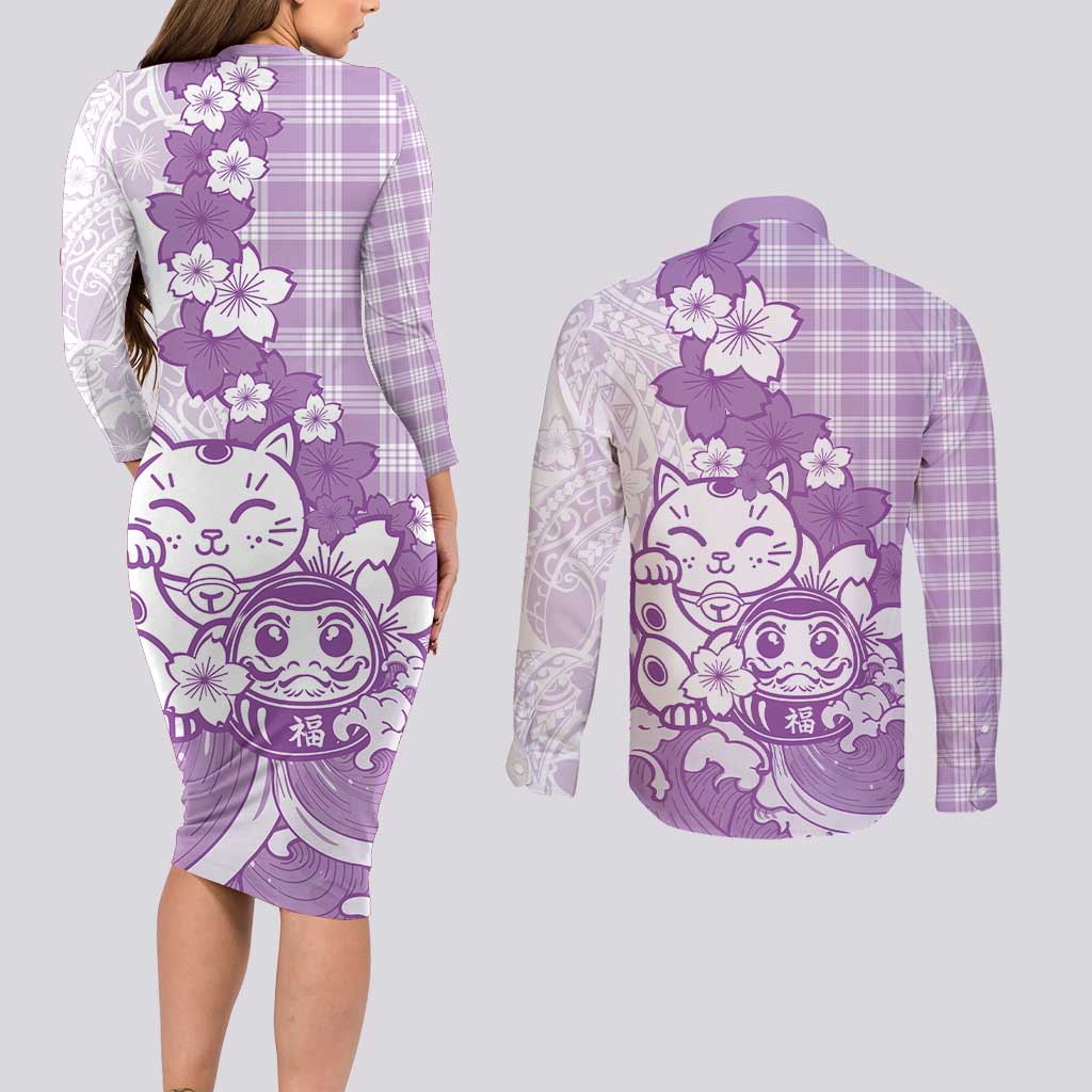 Purple Palaka Hawaiian And Japanese Couples Matching Long Sleeve Bodycon Dress and Long Sleeve Button Shirt Maneki Neko And Sakura Bloom DT05 - Polynesian Pride