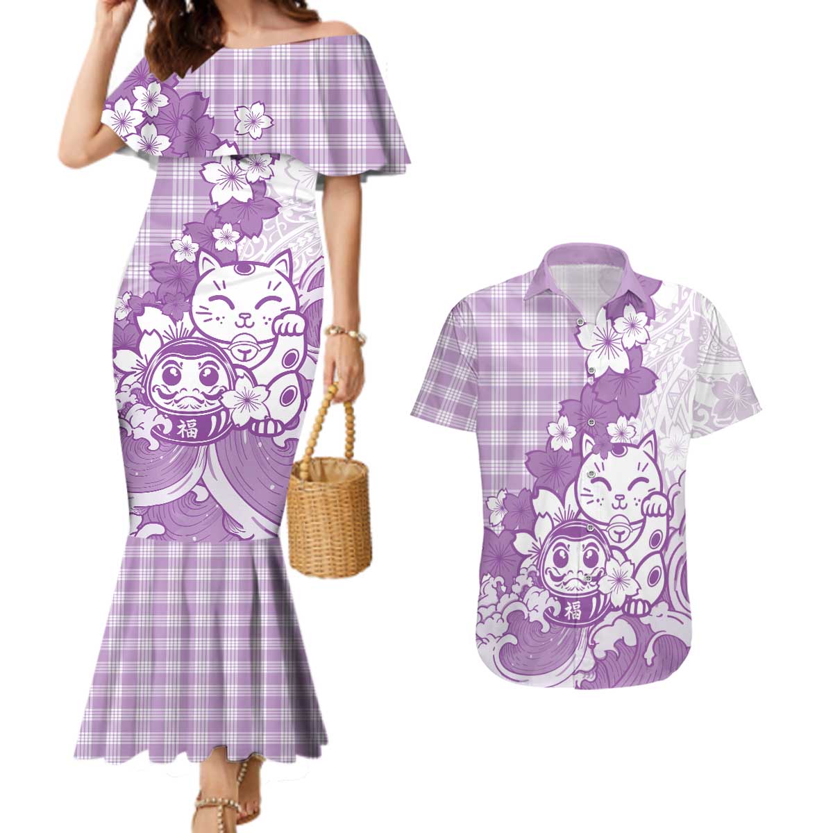 Purple Palaka Hawaiian And Japanese Couples Matching Mermaid Dress and Hawaiian Shirt Maneki Neko And Sakura Bloom
