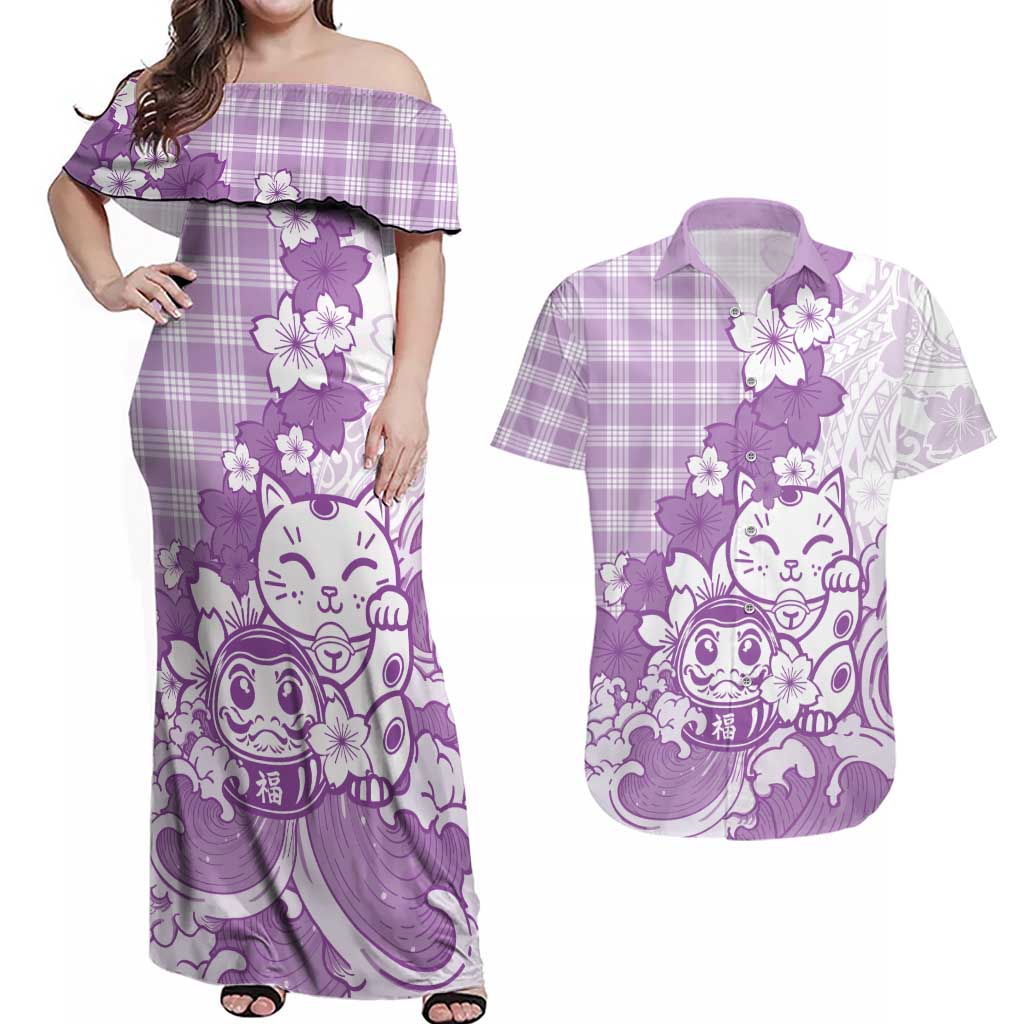 Purple Palaka Hawaiian And Japanese Couples Matching Off Shoulder Maxi Dress and Hawaiian Shirt Maneki Neko And Sakura Bloom DT05 Purple - Polynesian Pride
