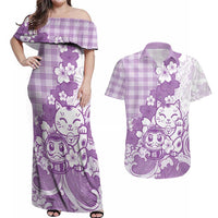 Purple Palaka Hawaiian And Japanese Couples Matching Off Shoulder Maxi Dress and Hawaiian Shirt Maneki Neko And Sakura Bloom DT05 Purple - Polynesian Pride