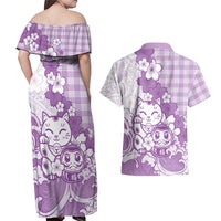 Purple Palaka Hawaiian And Japanese Couples Matching Off Shoulder Maxi Dress and Hawaiian Shirt Maneki Neko And Sakura Bloom DT05 - Polynesian Pride