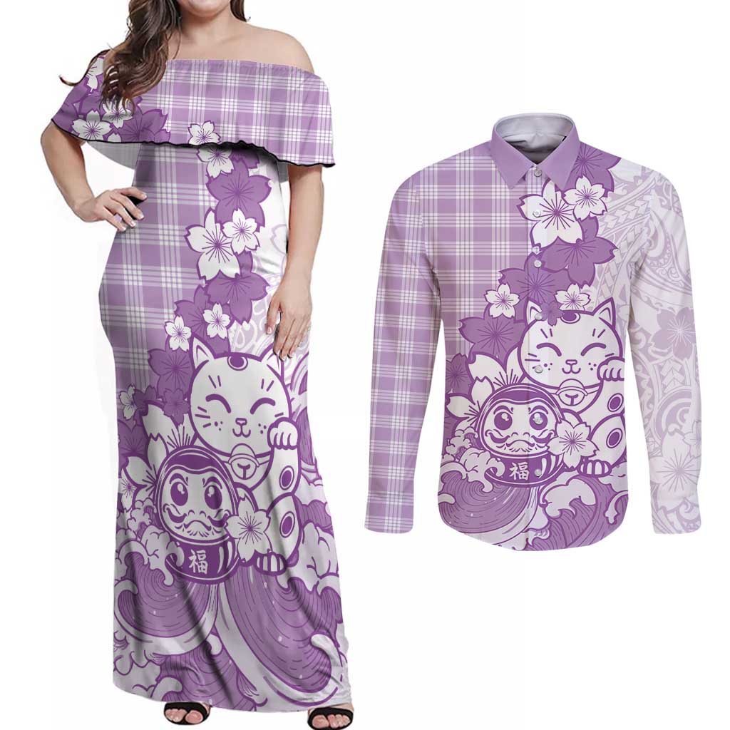 Purple Palaka Hawaiian And Japanese Couples Matching Off Shoulder Maxi Dress and Long Sleeve Button Shirt Maneki Neko And Sakura Bloom