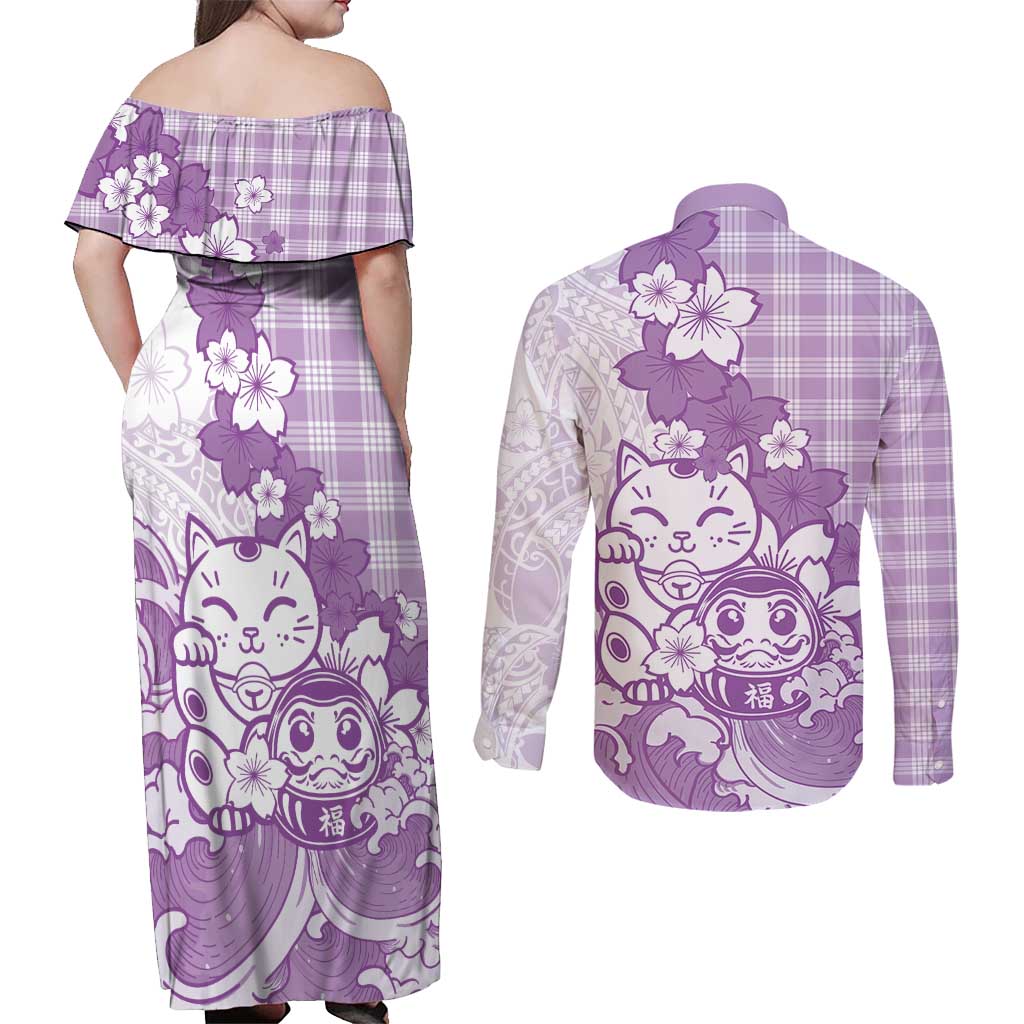 Purple Palaka Hawaiian And Japanese Couples Matching Off Shoulder Maxi Dress and Long Sleeve Button Shirt Maneki Neko And Sakura Bloom