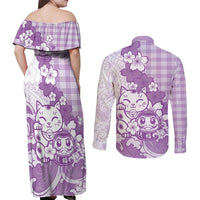 Purple Palaka Hawaiian And Japanese Couples Matching Off Shoulder Maxi Dress and Long Sleeve Button Shirt Maneki Neko And Sakura Bloom