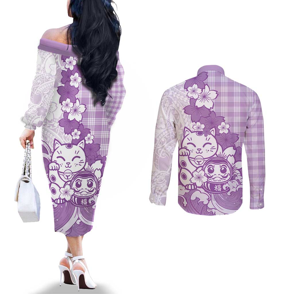 Purple Palaka Hawaiian And Japanese Couples Matching Off The Shoulder Long Sleeve Dress and Long Sleeve Button Shirt Maneki Neko And Sakura Bloom DT05 - Polynesian Pride