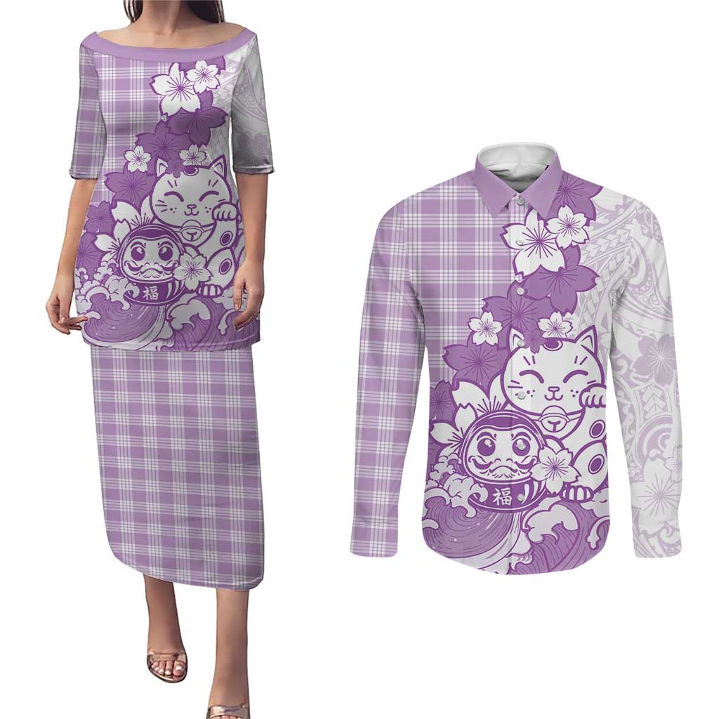 Purple Palaka Hawaiian And Japanese Couples Matching Puletasi and Long Sleeve Button Shirt Maneki Neko And Sakura Bloom