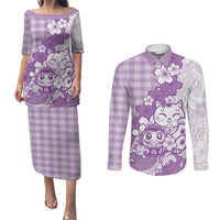 Purple Palaka Hawaiian And Japanese Couples Matching Puletasi and Long Sleeve Button Shirt Maneki Neko And Sakura Bloom
