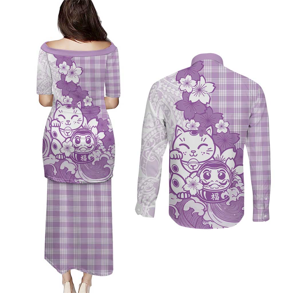 Purple Palaka Hawaiian And Japanese Couples Matching Puletasi and Long Sleeve Button Shirt Maneki Neko And Sakura Bloom
