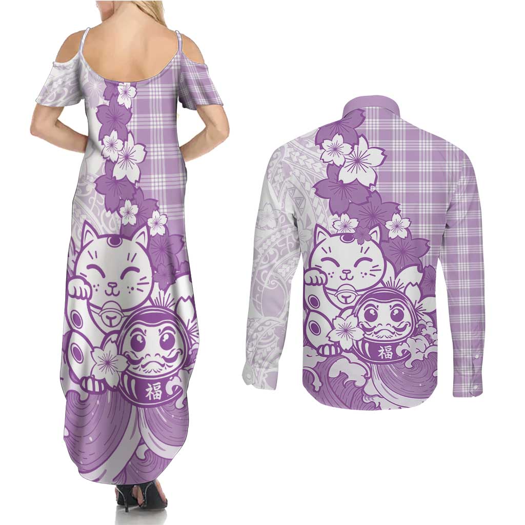 Purple Palaka Hawaiian And Japanese Couples Matching Summer Maxi Dress and Long Sleeve Button Shirt Maneki Neko And Sakura Bloom