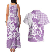 Purple Palaka Hawaiian And Japanese Couples Matching Tank Maxi Dress and Hawaiian Shirt Maneki Neko And Sakura Bloom DT05 - Polynesian Pride