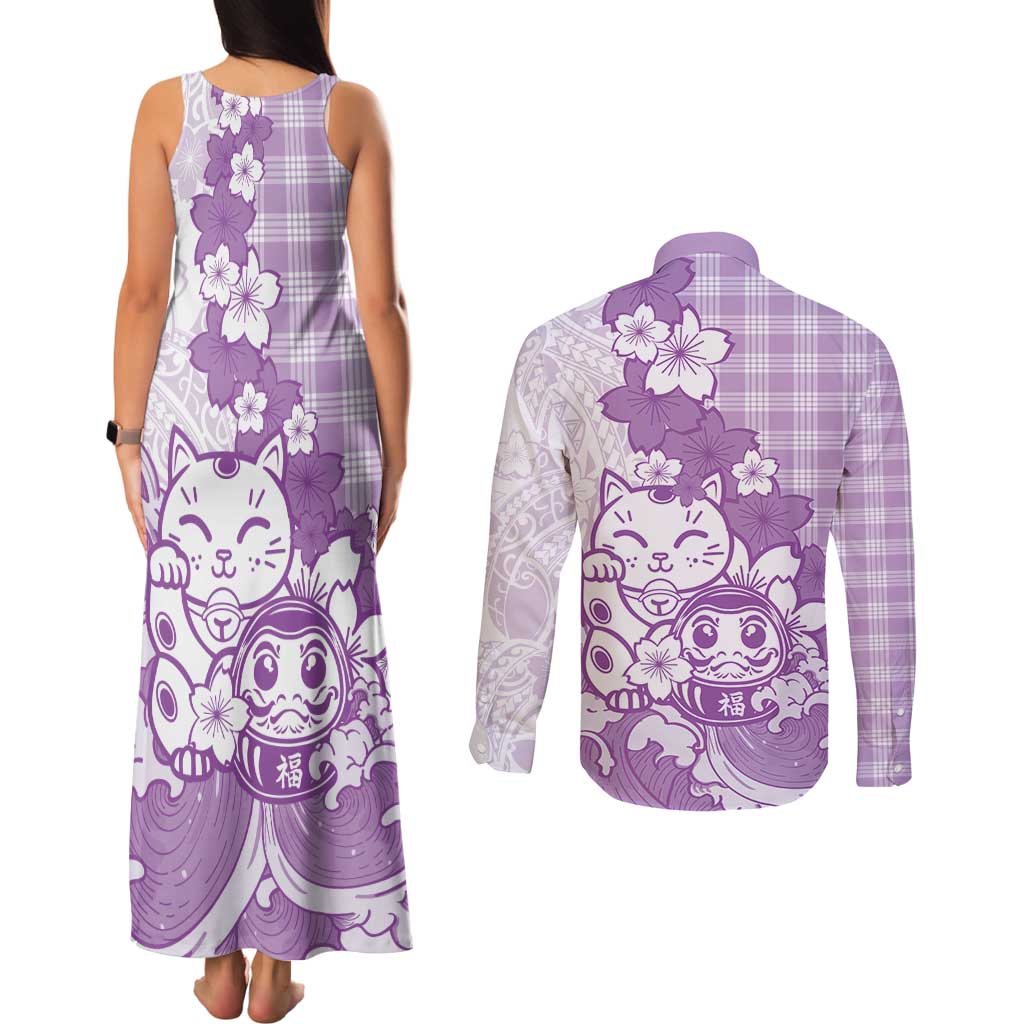 Purple Palaka Hawaiian And Japanese Couples Matching Tank Maxi Dress and Long Sleeve Button Shirt Maneki Neko And Sakura Bloom