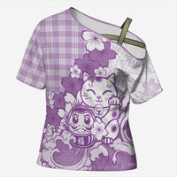 Purple Palaka Hawaiian And Japanese Cross Shoulder Shirt Maneki Neko And Sakura Bloom