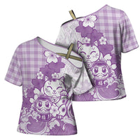 Purple Palaka Hawaiian And Japanese Cross Shoulder Shirt Maneki Neko And Sakura Bloom