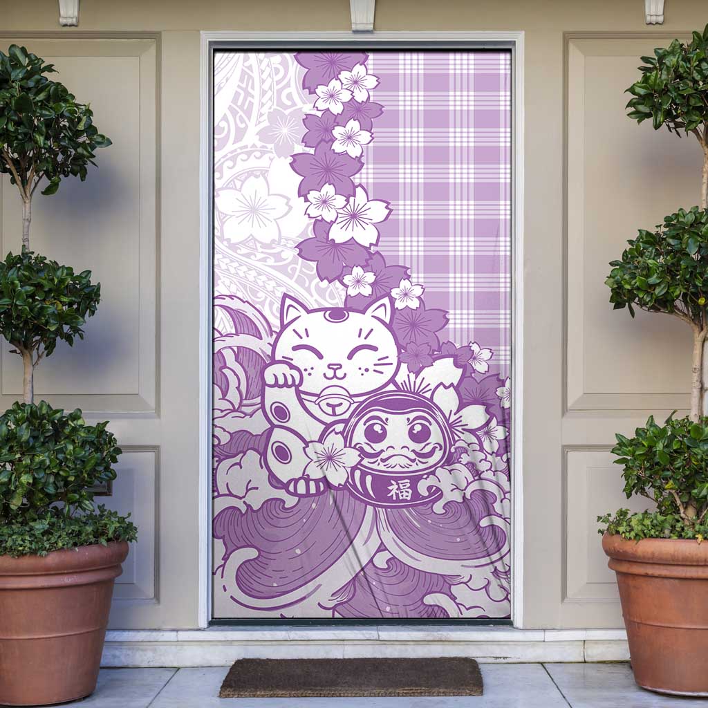 Purple Palaka Hawaiian And Japanese Door Cover Maneki Neko And Sakura Bloom