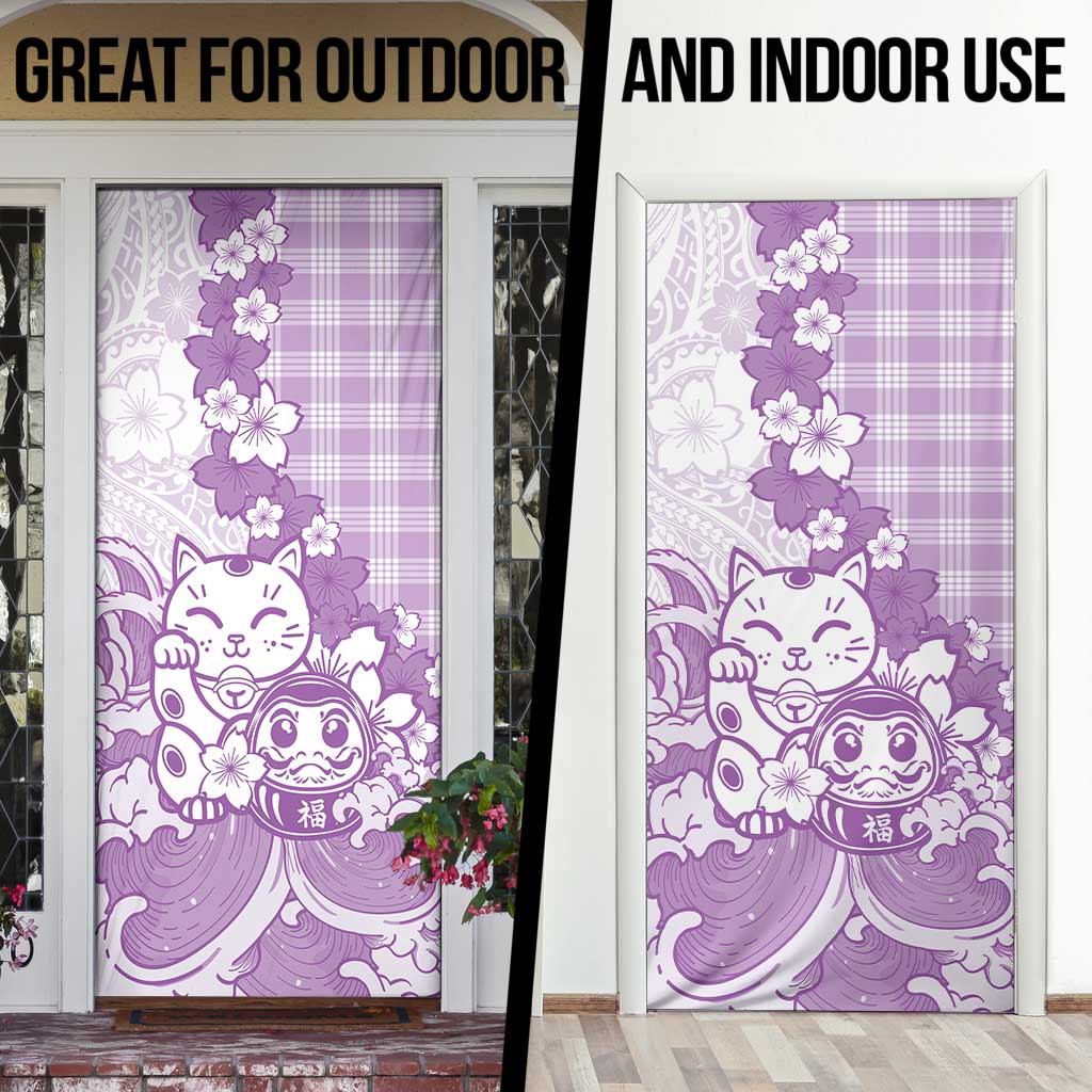 Purple Palaka Hawaiian And Japanese Door Cover Maneki Neko And Sakura Bloom