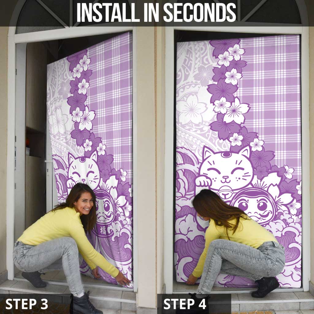 Purple Palaka Hawaiian And Japanese Door Cover Maneki Neko And Sakura Bloom