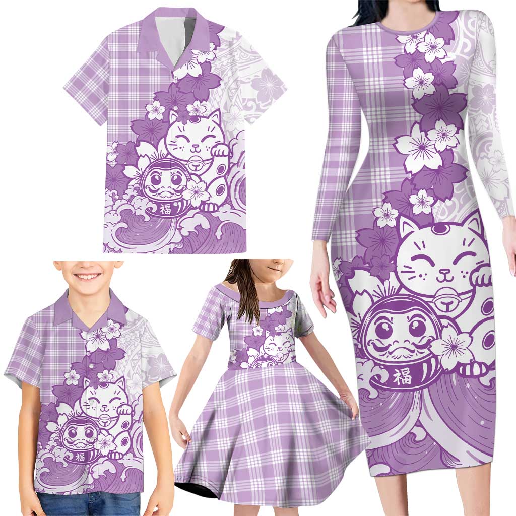 Purple Palaka Hawaiian And Japanese Family Matching Long Sleeve Bodycon Dress and Hawaiian Shirt Maneki Neko And Sakura Bloom