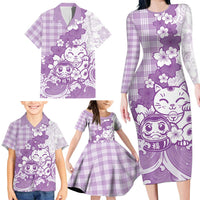 Purple Palaka Hawaiian And Japanese Family Matching Long Sleeve Bodycon Dress and Hawaiian Shirt Maneki Neko And Sakura Bloom DT05 - Polynesian Pride