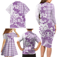 Purple Palaka Hawaiian And Japanese Family Matching Long Sleeve Bodycon Dress and Hawaiian Shirt Maneki Neko And Sakura Bloom DT05 - Polynesian Pride