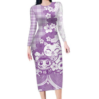 Purple Palaka Hawaiian And Japanese Family Matching Long Sleeve Bodycon Dress and Hawaiian Shirt Maneki Neko And Sakura Bloom DT05 Mom's Dress Purple - Polynesian Pride