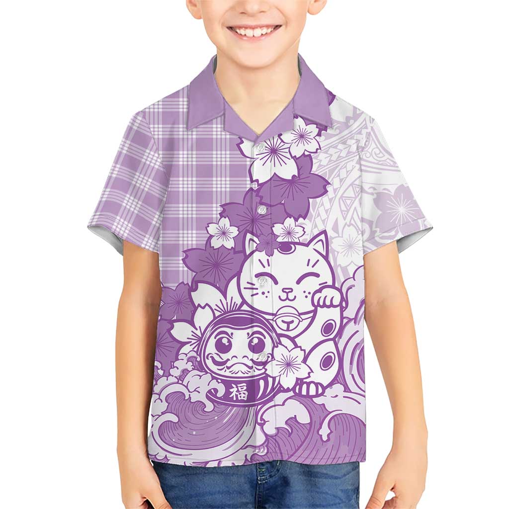Purple Palaka Hawaiian And Japanese Family Matching Long Sleeve Bodycon Dress and Hawaiian Shirt Maneki Neko And Sakura Bloom DT05 Son's Shirt Purple - Polynesian Pride