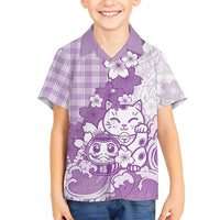 Purple Palaka Hawaiian And Japanese Family Matching Long Sleeve Bodycon Dress and Hawaiian Shirt Maneki Neko And Sakura Bloom DT05 Son's Shirt Purple - Polynesian Pride