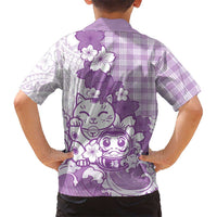 Purple Palaka Hawaiian And Japanese Family Matching Off The Shoulder Long Sleeve Dress and Hawaiian Shirt Maneki Neko And Sakura Bloom DT05 - Polynesian Pride