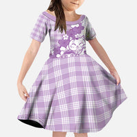 Purple Palaka Hawaiian And Japanese Family Matching Off The Shoulder Long Sleeve Dress and Hawaiian Shirt Maneki Neko And Sakura Bloom DT05 Daughter's Dress Purple - Polynesian Pride