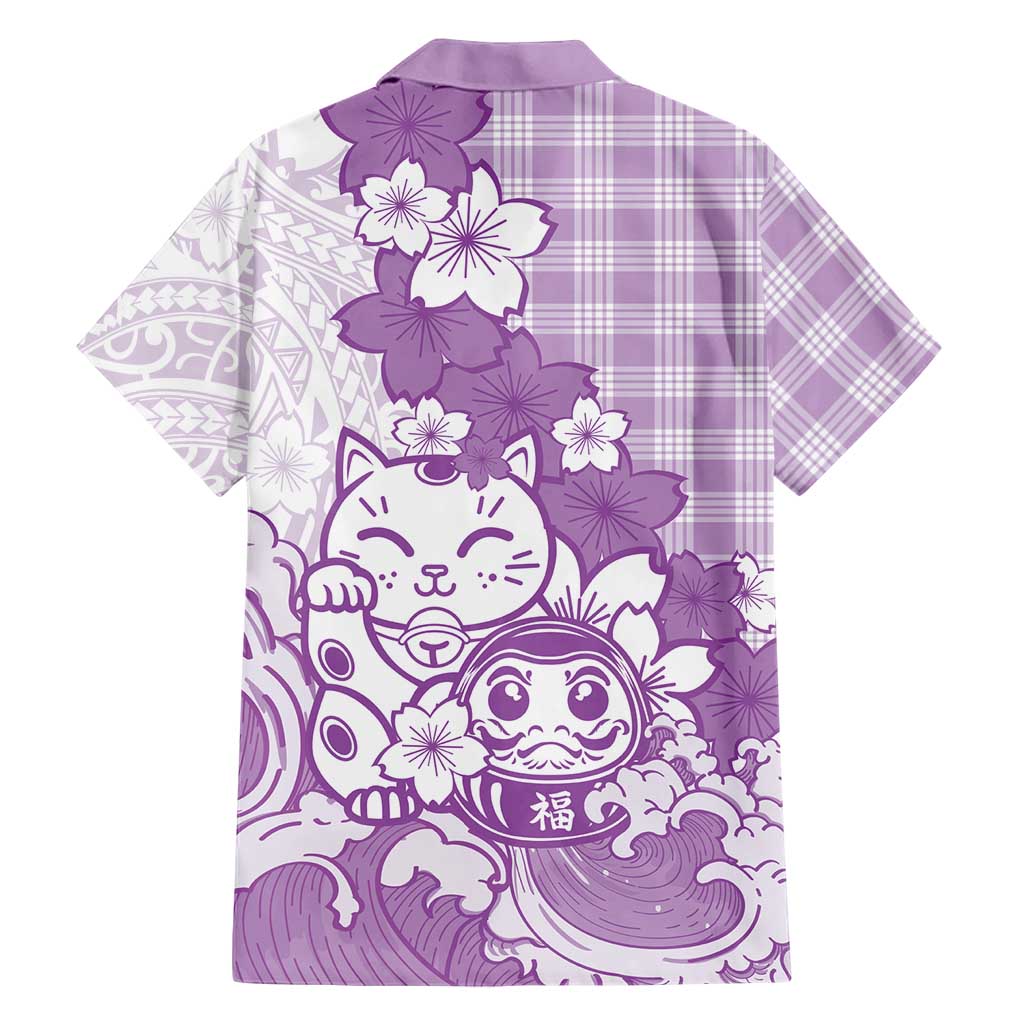 Purple Palaka Hawaiian And Japanese Family Matching Off The Shoulder Long Sleeve Dress and Hawaiian Shirt Maneki Neko And Sakura Bloom DT05 - Polynesian Pride