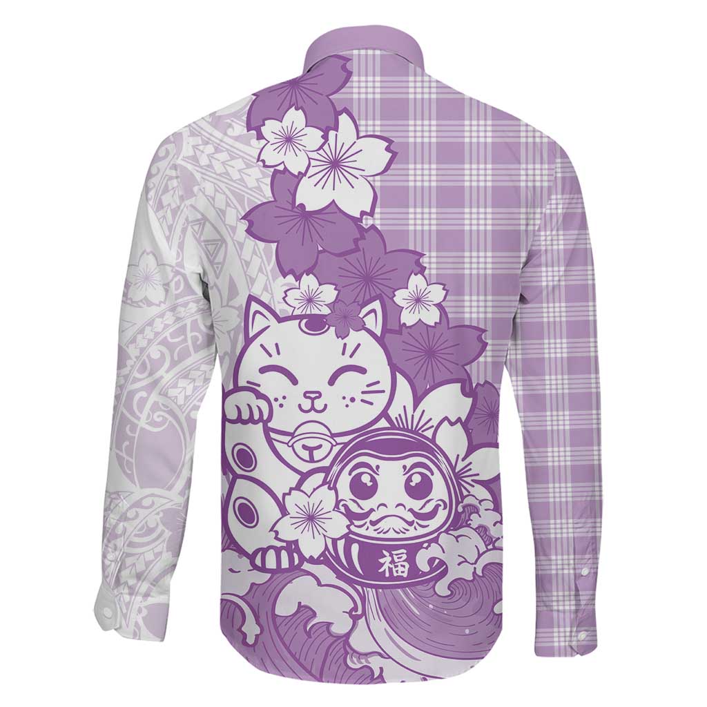 Purple Palaka Hawaiian And Japanese Family Matching Off Shoulder Maxi Dress and Hawaiian Shirt Maneki Neko And Sakura Bloom DT05 - Polynesian Pride