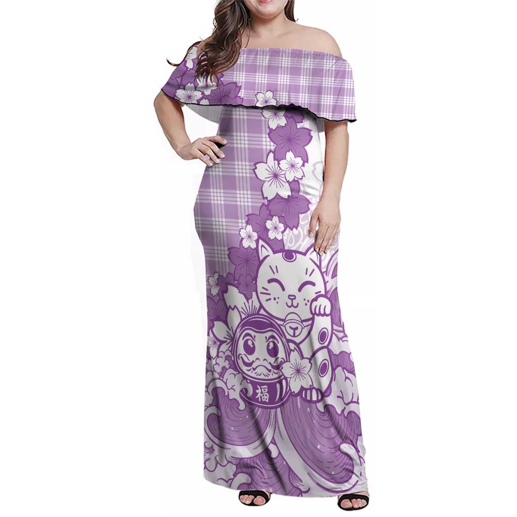 Purple Palaka Hawaiian And Japanese Family Matching Off Shoulder Maxi Dress and Hawaiian Shirt Maneki Neko And Sakura Bloom DT05 Mom's Dress Purple - Polynesian Pride