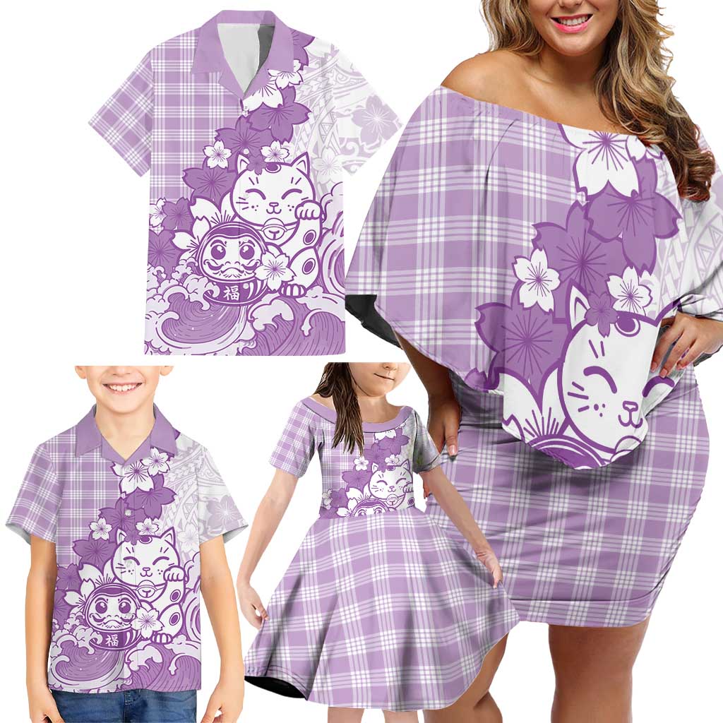 Purple Palaka Hawaiian And Japanese Family Matching Off Shoulder Short Dress and Hawaiian Shirt Maneki Neko And Sakura Bloom DT05 - Polynesian Pride