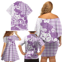 Purple Palaka Hawaiian And Japanese Family Matching Off Shoulder Short Dress and Hawaiian Shirt Maneki Neko And Sakura Bloom DT05 - Polynesian Pride
