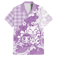 Purple Palaka Hawaiian And Japanese Family Matching Off Shoulder Short Dress and Hawaiian Shirt Maneki Neko And Sakura Bloom DT05 Dad's Shirt - Short Sleeve Purple - Polynesian Pride