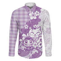 Purple Palaka Hawaiian And Japanese Family Matching Puletasi and Hawaiian Shirt Maneki Neko And Sakura Bloom DT05 Dad's Shirt - Long Sleeve Purple - Polynesian Pride