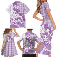 Purple Palaka Hawaiian And Japanese Family Matching Short Sleeve Bodycon Dress and Hawaiian Shirt Maneki Neko And Sakura Bloom DT05 - Polynesian Pride